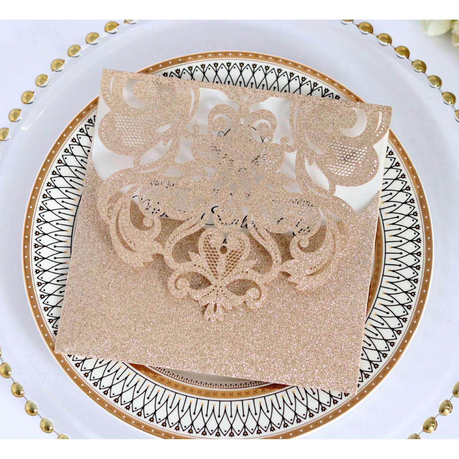 Holiday Greeting Card Glitter Pocket Invitation Golden Invitation Laser Cut